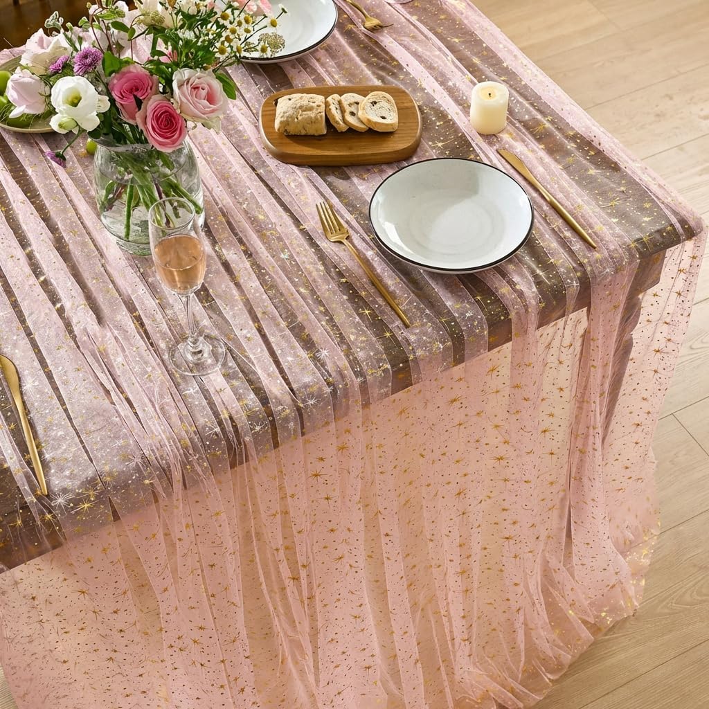 Mantel de gasa con estrellas brillantes de oro rosa 60 x 84 pulgadas