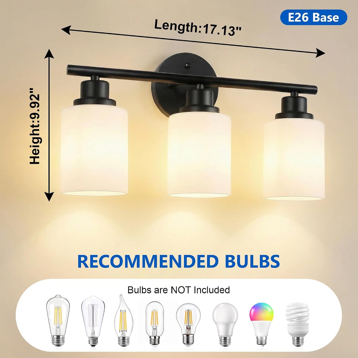 Lámpara baño 3 luces pantalla vidrio lechoso E26