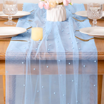 Camino mesa perlas azul claro tul 10ft decoración boda aniversario