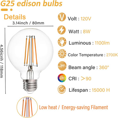 Pack 3 bombillas G25 Edison E26 8W blanco cálido vintage