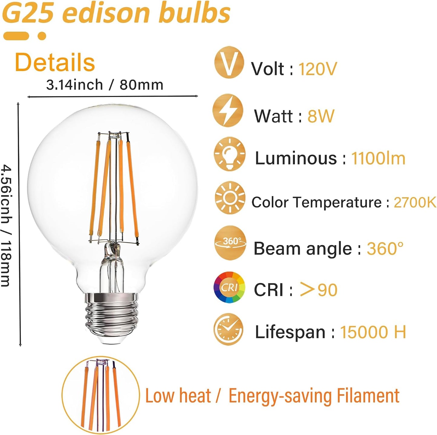 Bombilla LED Edison G25 E26 regulable 8W 1000lm blanco cálido 2700K