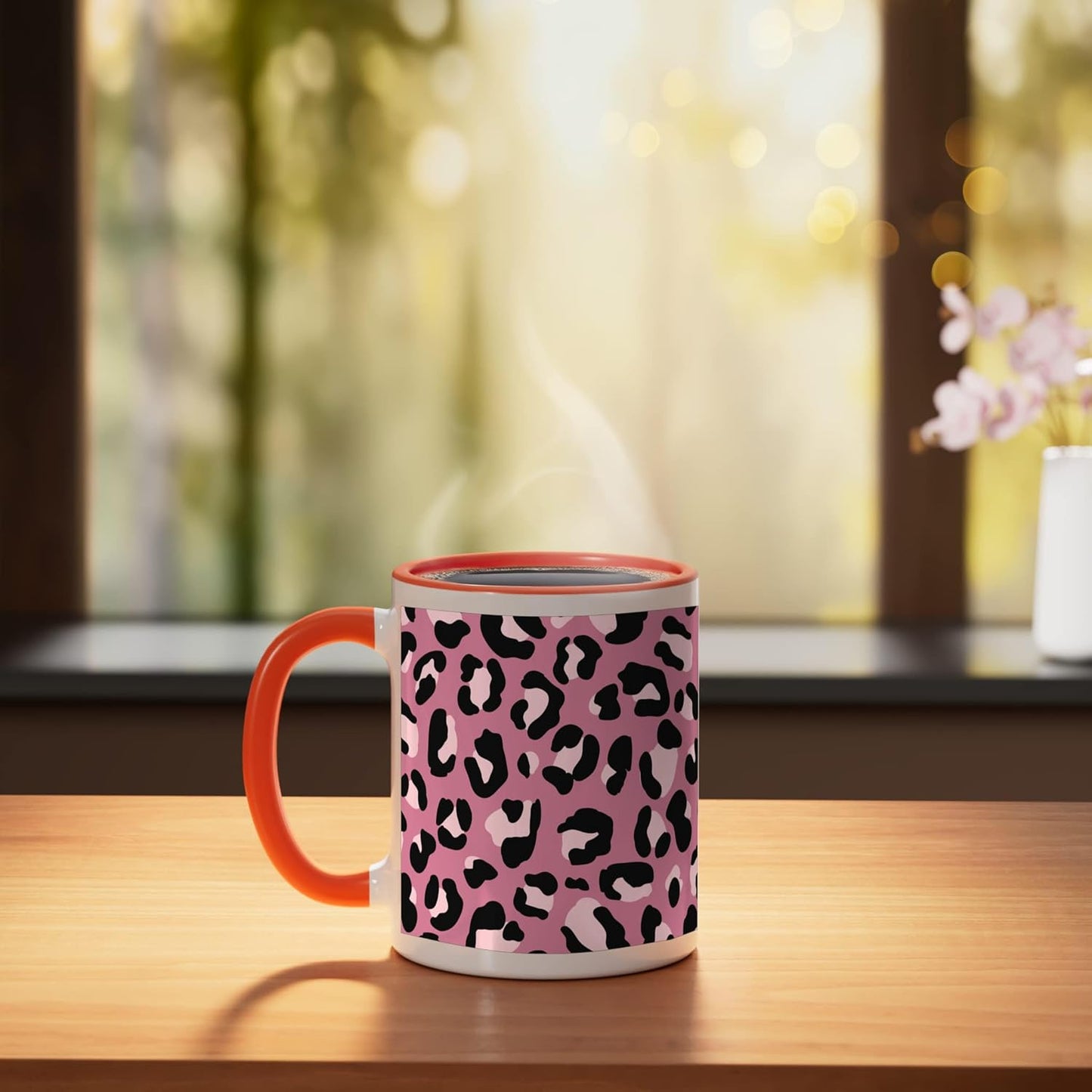 Taza de cerámica estampado leopardo rosa naranja/blanco
