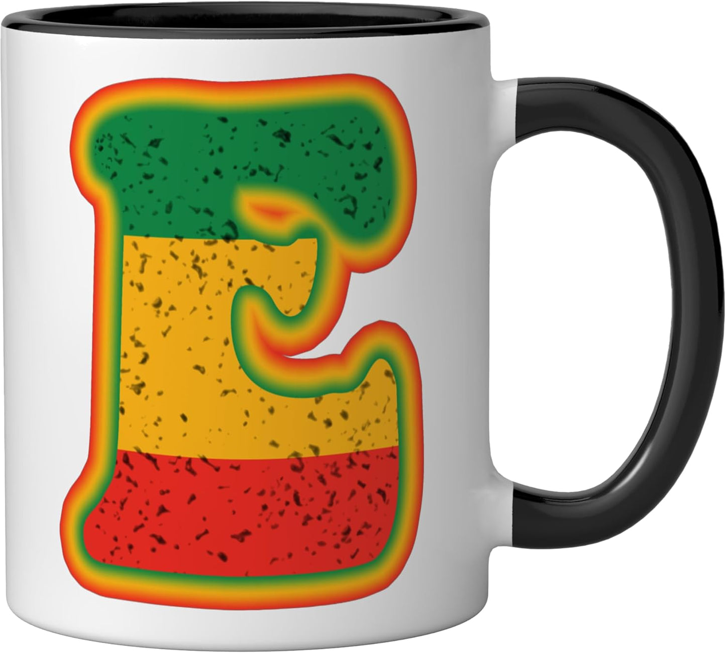 Taza artística retro letter E desgastada en rojo, amarillo y verde