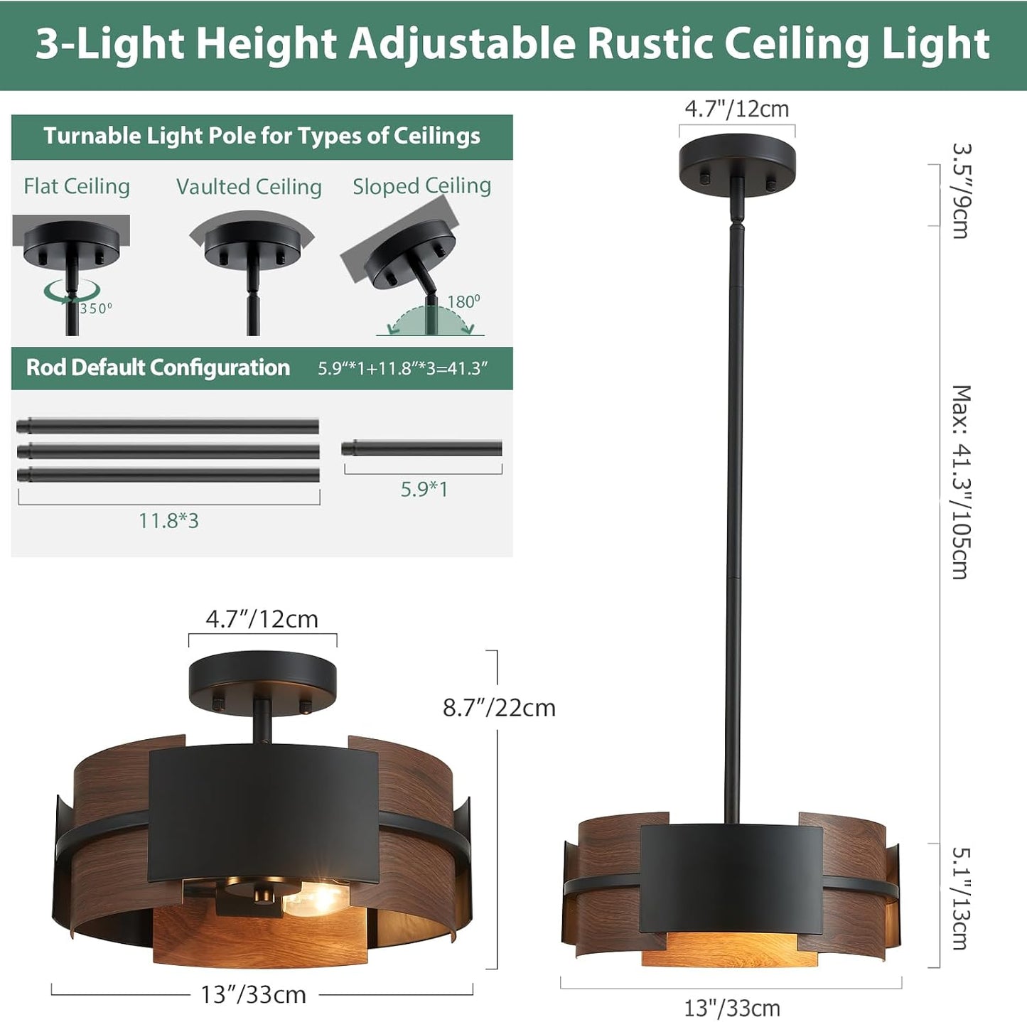 Lámpara techo redonda 13pulg 3 luces negro acabado nogal