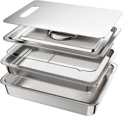 Sistema 5 Pzas Parrilla Acero Inox Bandejas y Contenedor Adobo