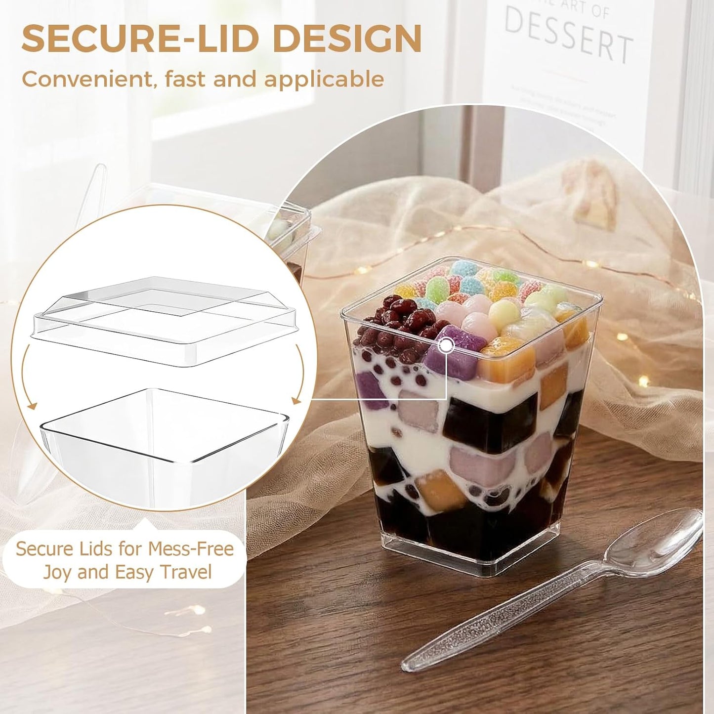 Paquete de 50 tazas de postre plástico transparente con tapas y cucharas