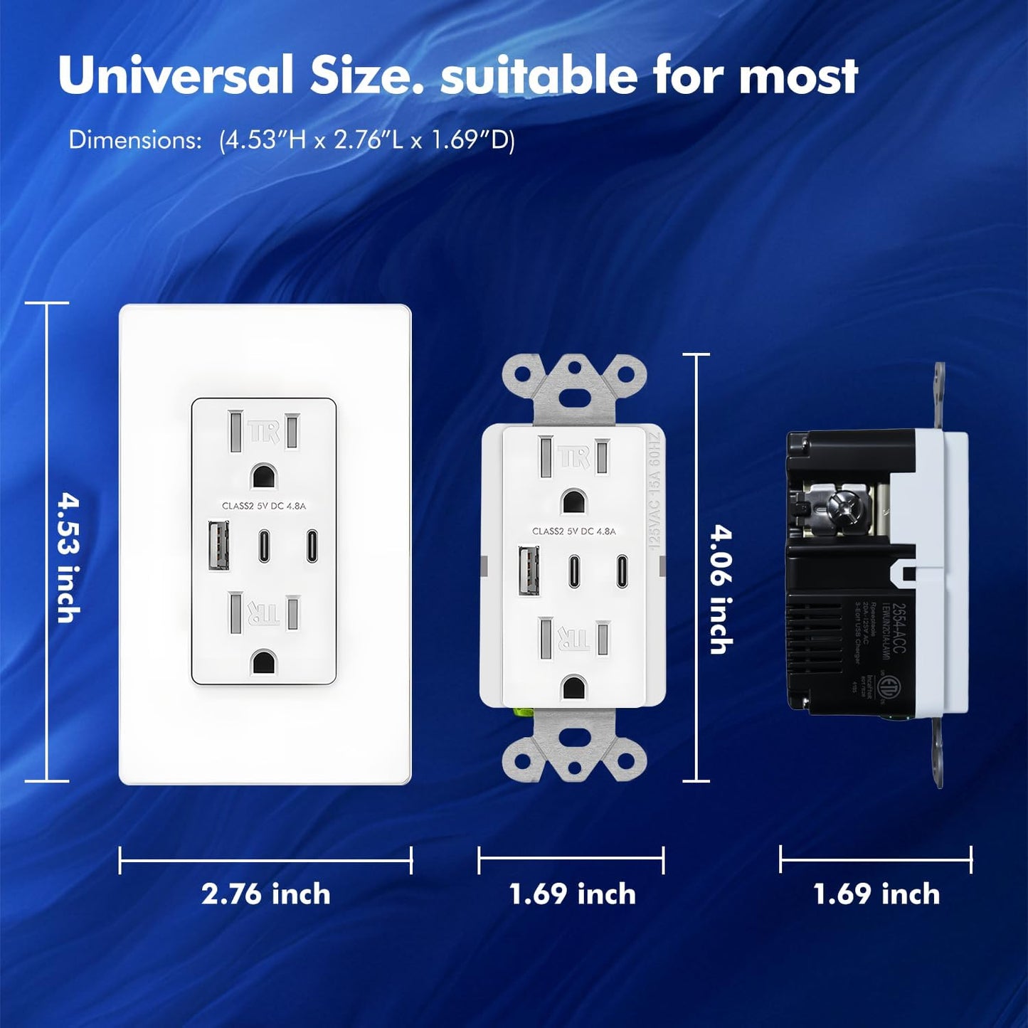 Receptáculo USB C 24W 3 Puertos Placa Pared Incluida