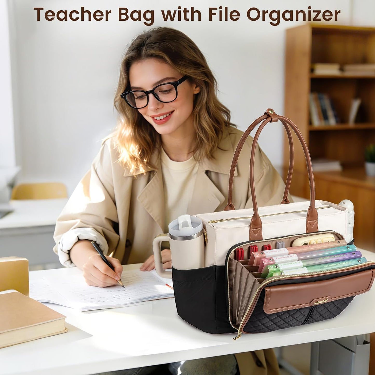 Bolsa de mano para profesora con compartimentos laptop y acordeón
