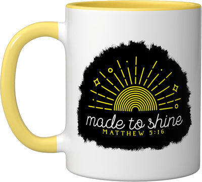 Taza cerámica Matthew 5:16 con diseño de luz solar amarilla/blanca