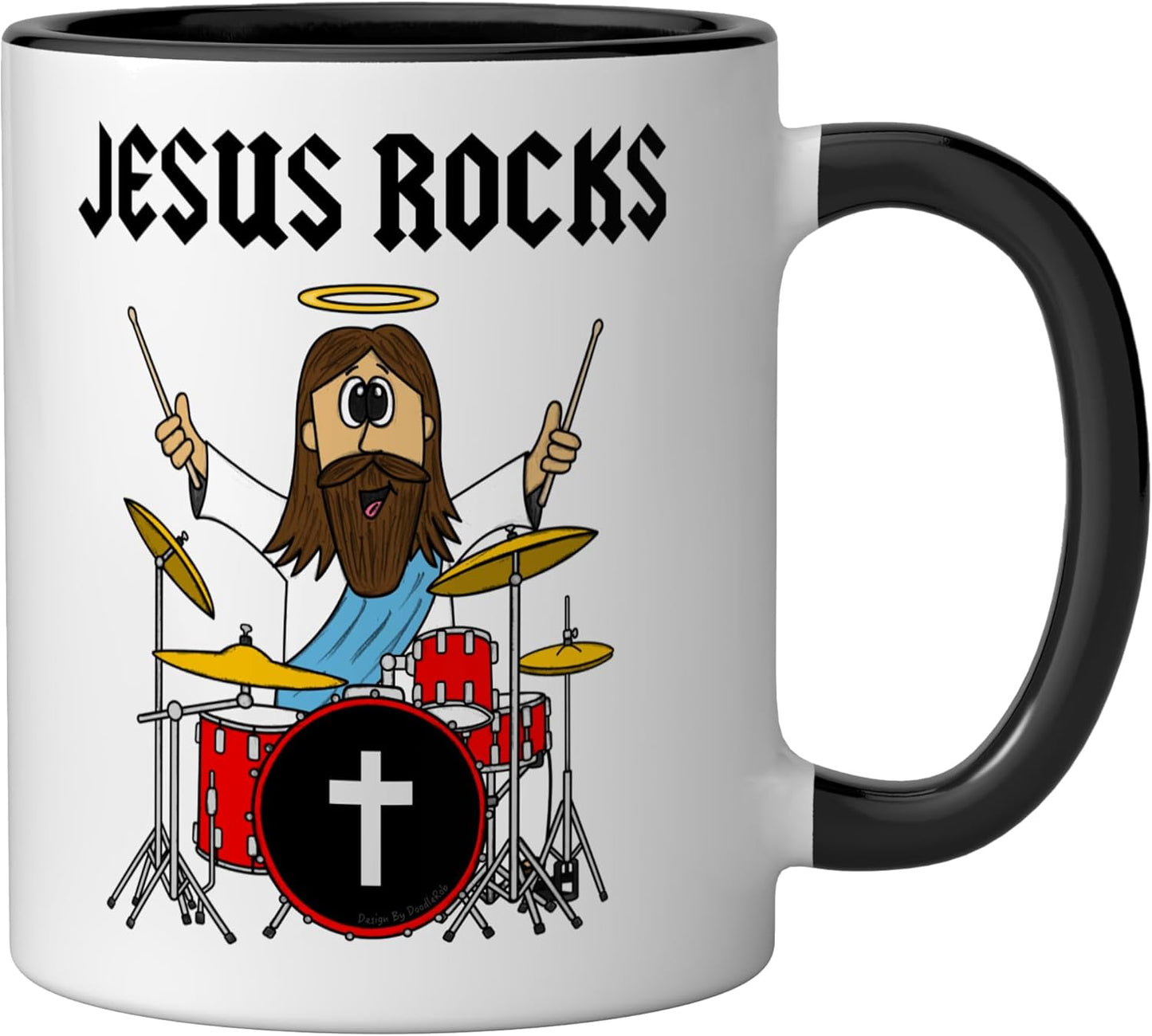 Taza cerámica Jesus Rocks, Drums Drummer para iglesia, negro/blanco