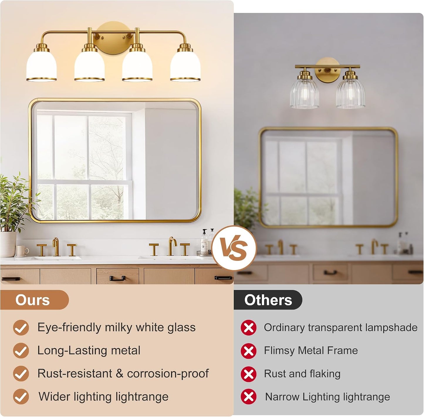 Lámpara baño 4 luces dorado cepillado con globo blanco vintage
