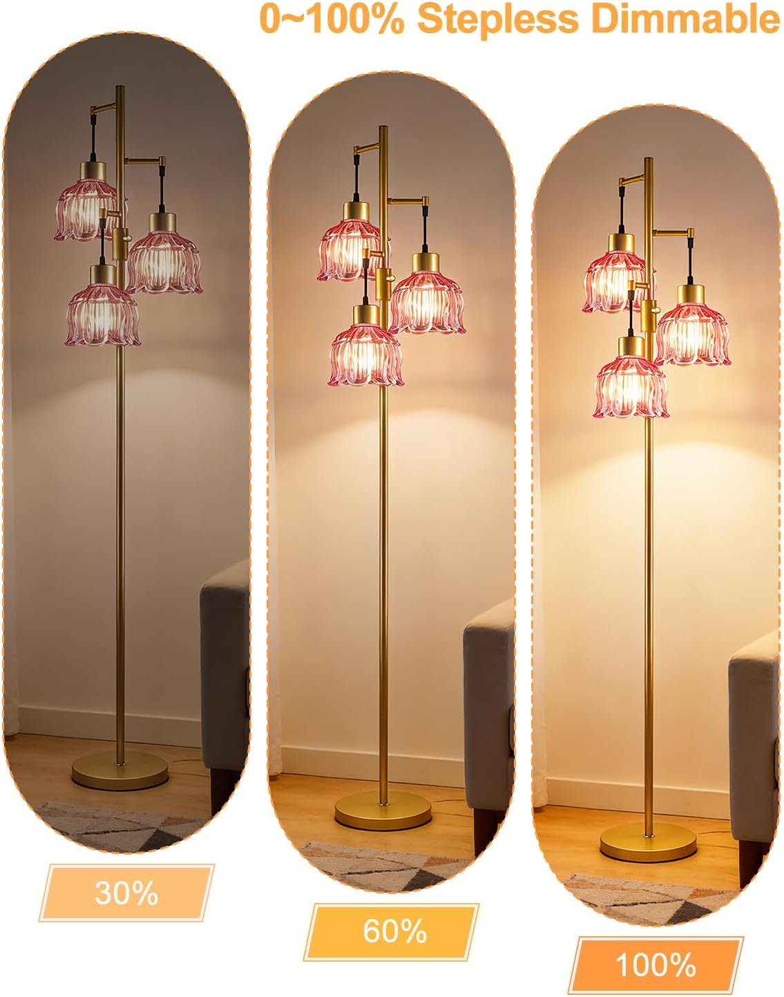 Lámpara pie 3 luces 65pulg pantalla cristal rosa E12 incluidas