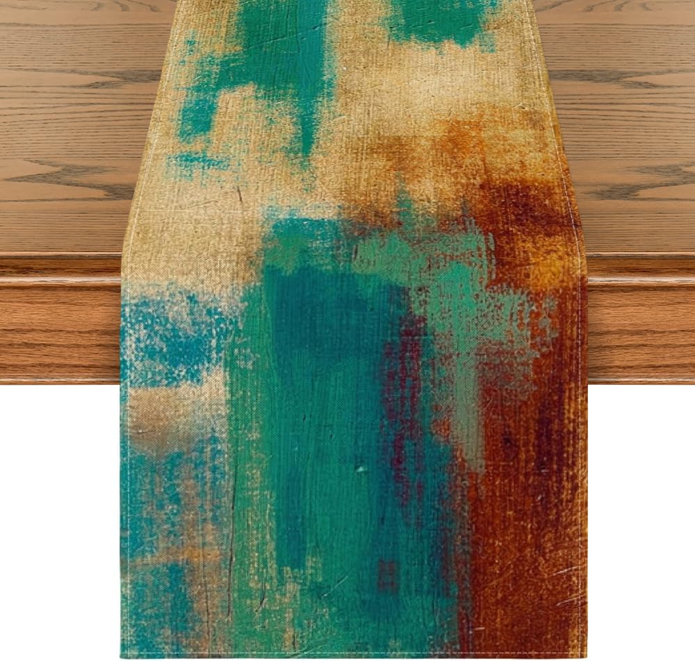 Camino mesa arte moderno abstracto marrón azul 13x72pulg