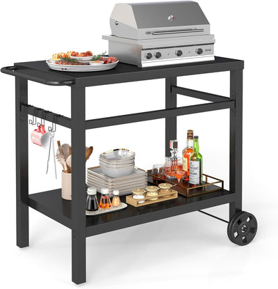 Mesa parrilla 2 niveles con carrito 34pulg ruedas y ganchos