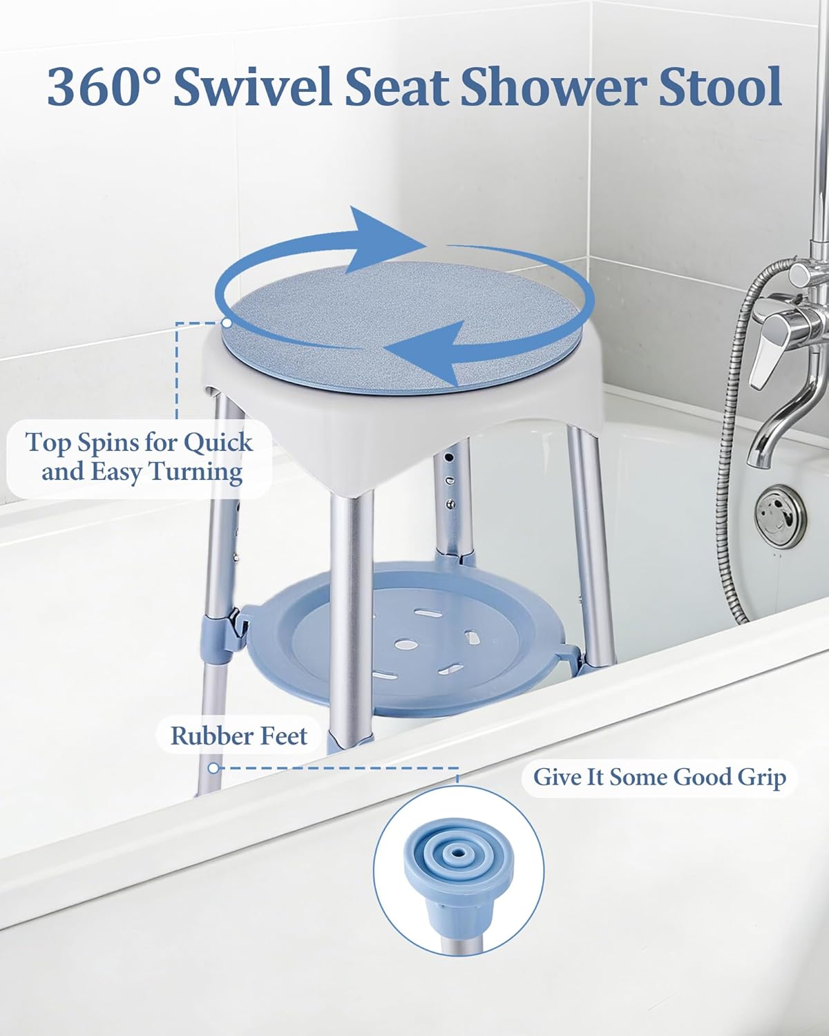 Taburete ducha giratorio con bandeja azul para adultos