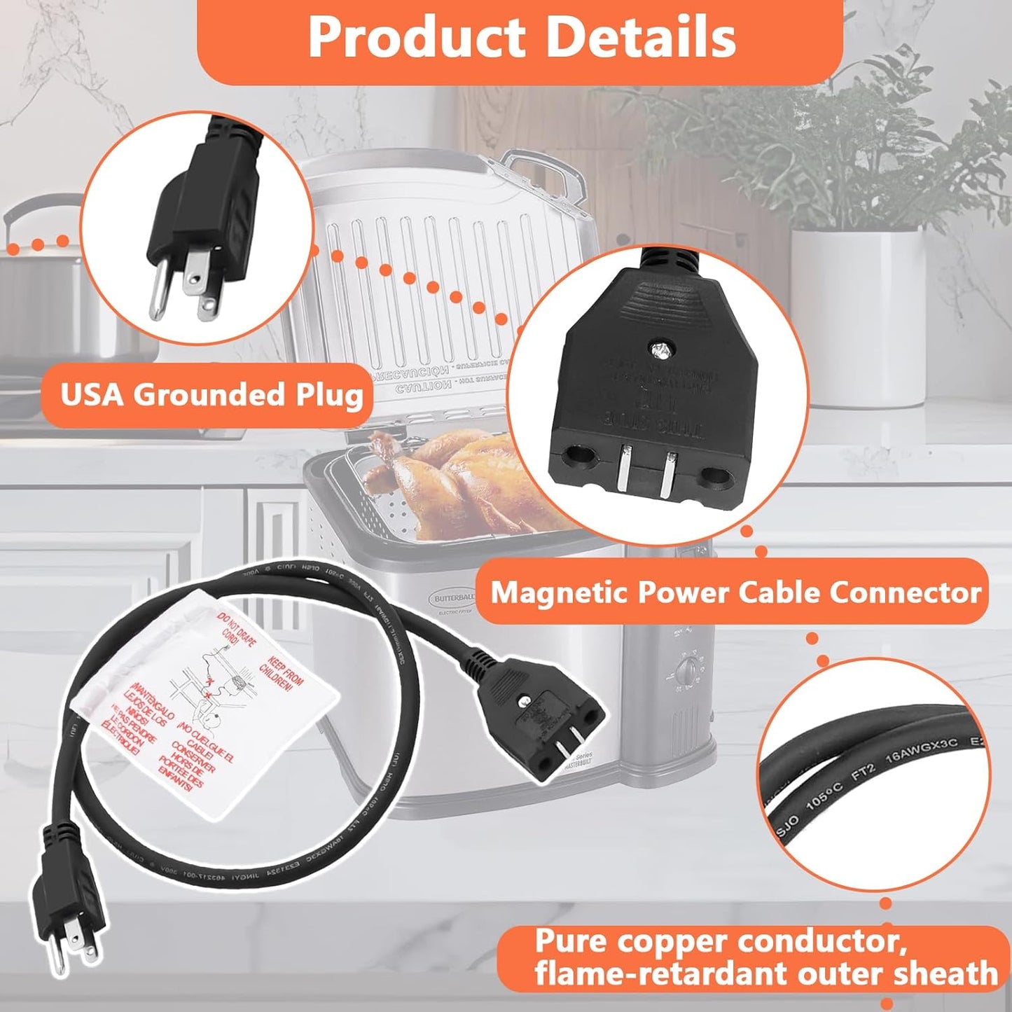 Cable de alimentación magnético para freidora eléctrica Masterbuilt de 10 litros