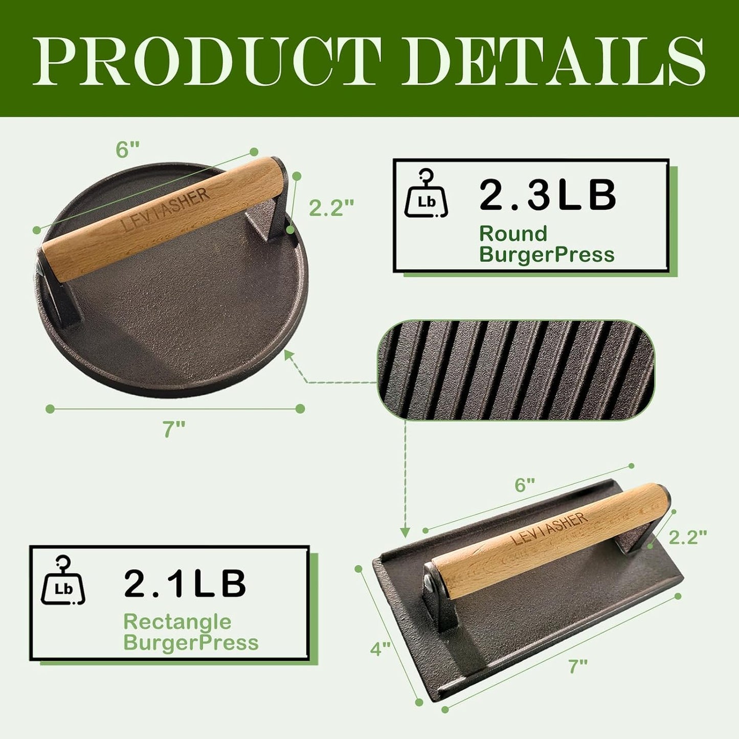 Prensa hierro fundido 2.2lb 6.69pulg mango madera para panini chef