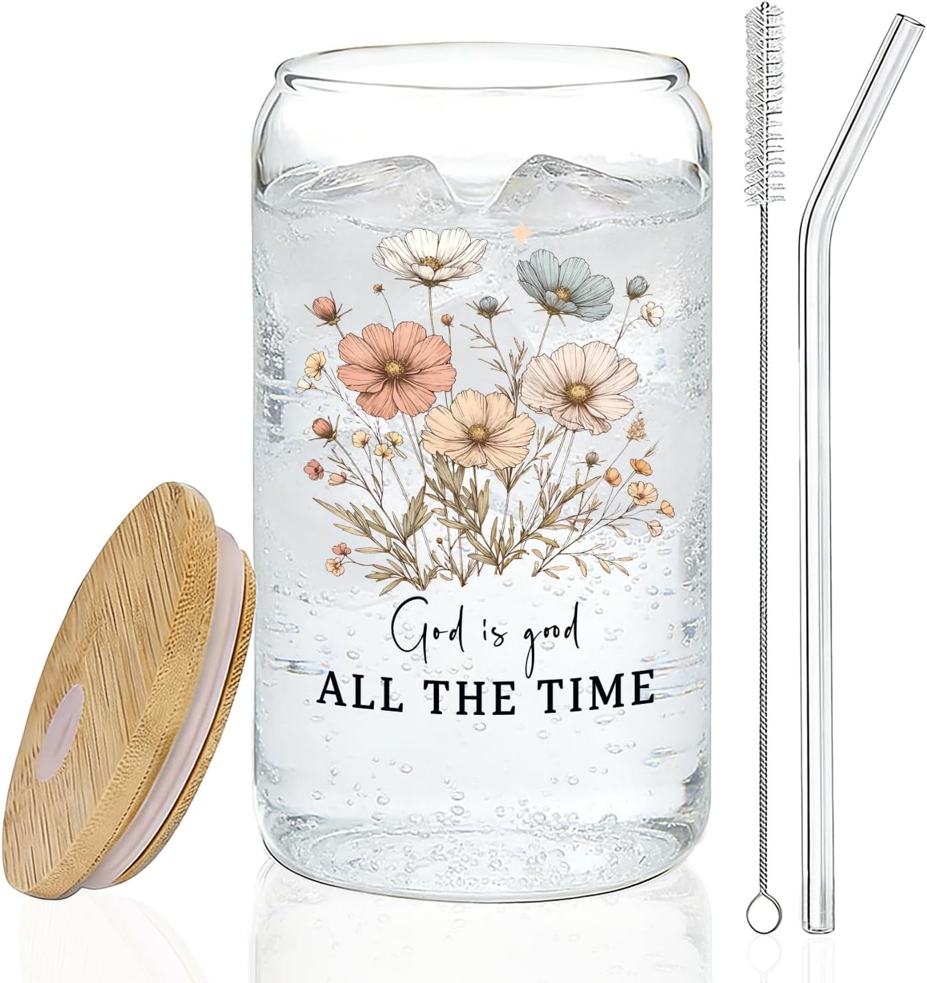 Taza de cristal cristiana floral 14 oz con tapas y pajitas