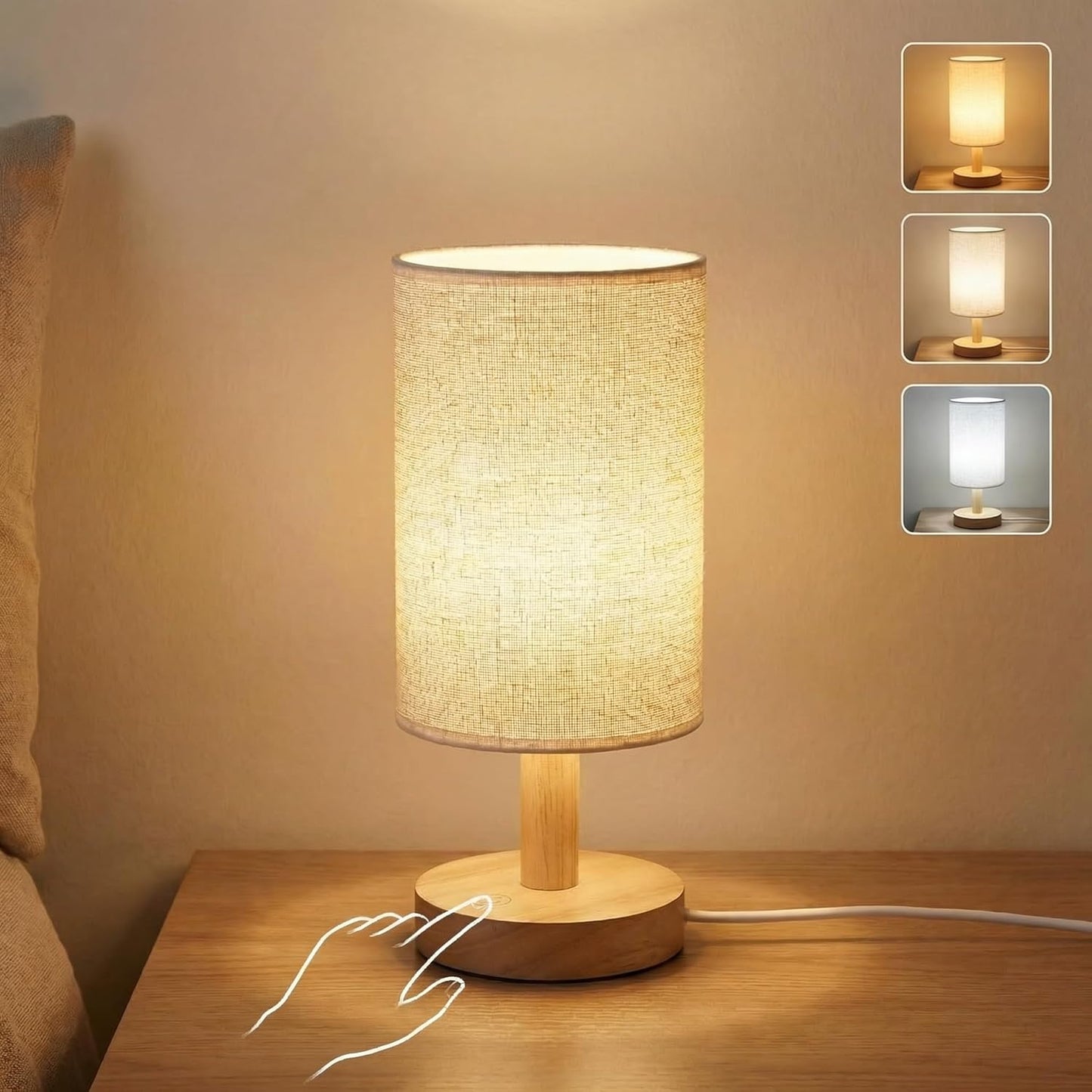 Lámpara táctil mesita noche 3 temperaturas USB madera lino