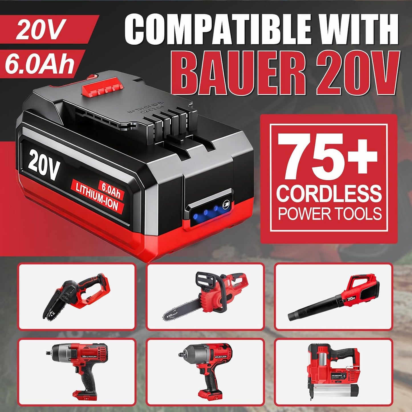 2 Baterías 20V 6.0Ah Repuesto para Herramientas Bauer