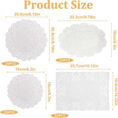 80 Pzas. Doilies de Papel Blanco Talla Variedad para Mesa Postre