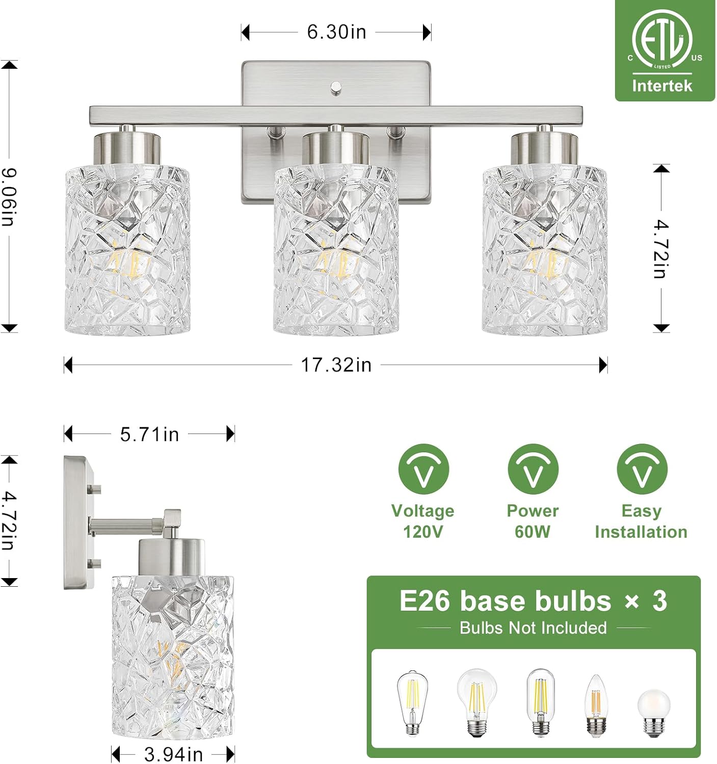 Lámpara baño níquel cepillado 3 luces modernas espejo