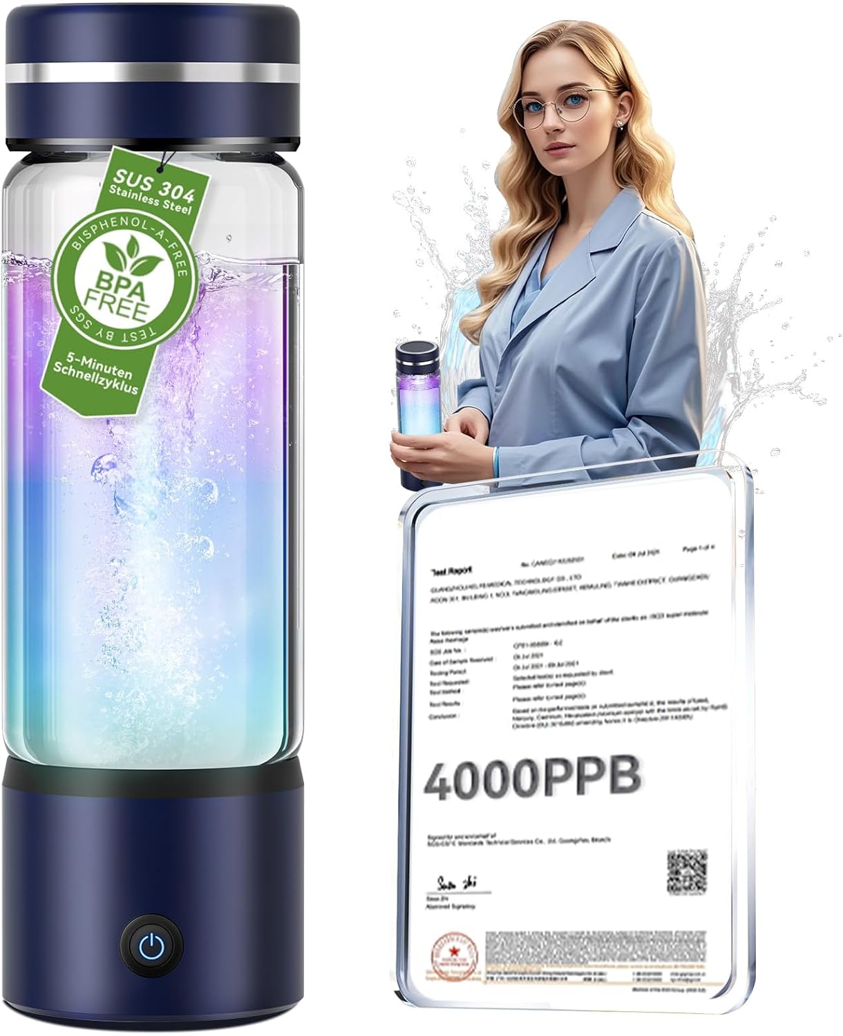 Botella hidrógeno alta concentración 4000ppb vidrio borosilicato
