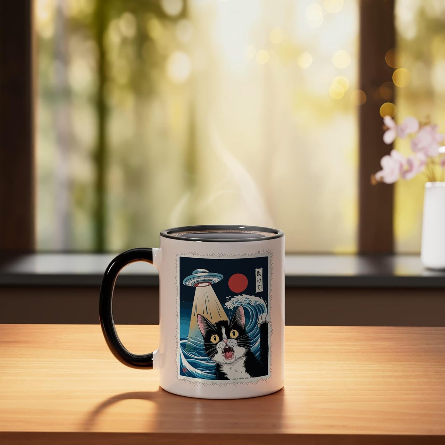 Taza cerámica de gato y OVNI negra/blanca