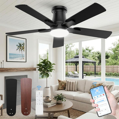 Ventilador techo 52pulg luz LED negro motor CC reversible