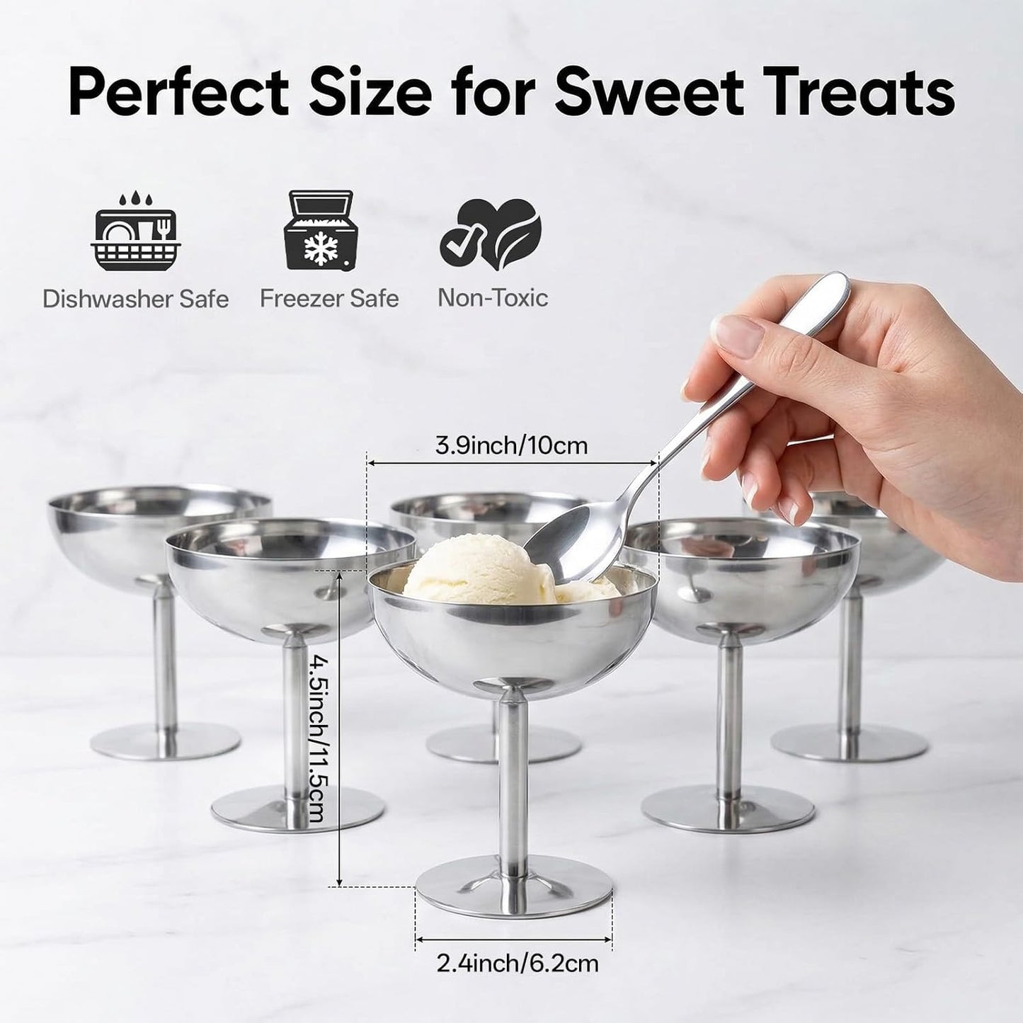 4 tazas de helado acero inoxidable reutilizables plateadas con patas