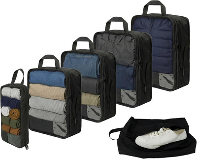 Set 6 Cubos Compresión Viaje con Bolsa Zapatos y Asa Negro