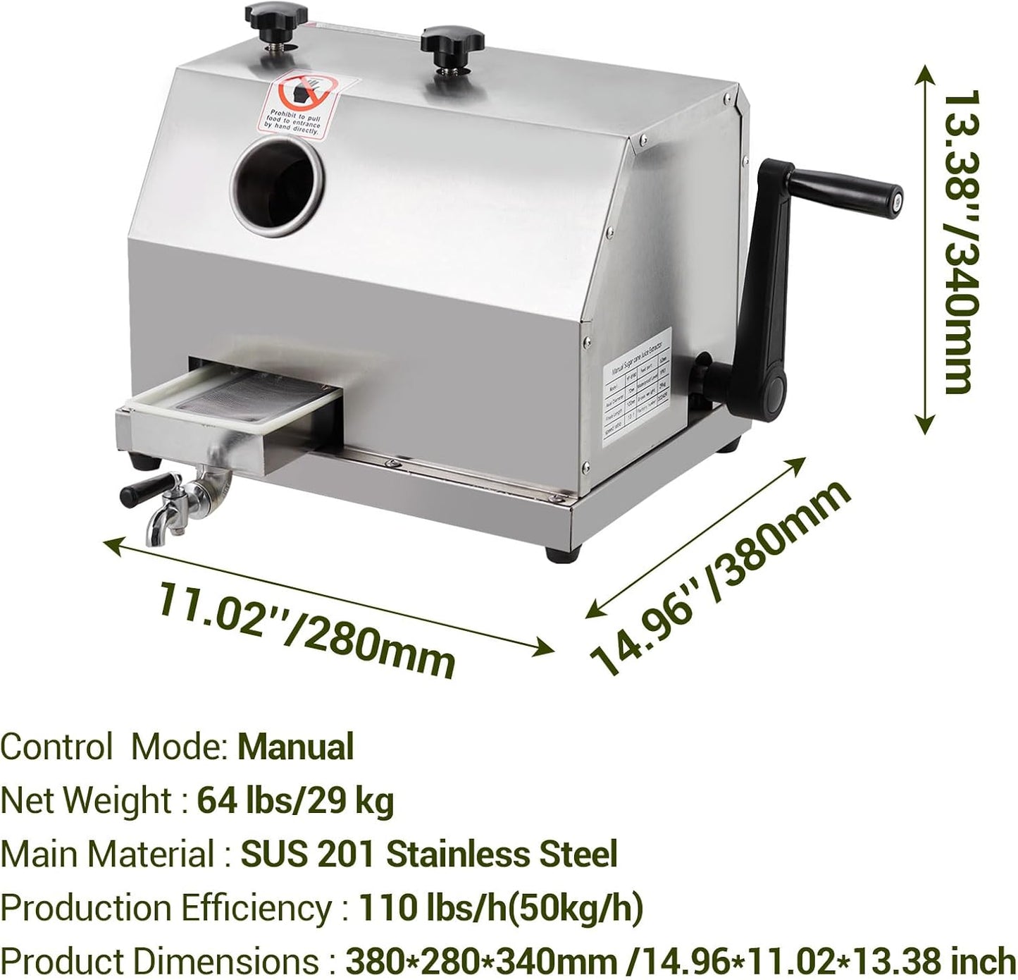 Exprimidor manual caña azúcar 3 rodillos acero inox 110lbs