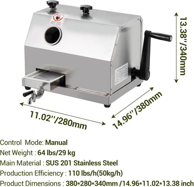 Exprimidor manual caña azúcar 3 rodillos acero inox 110lbs