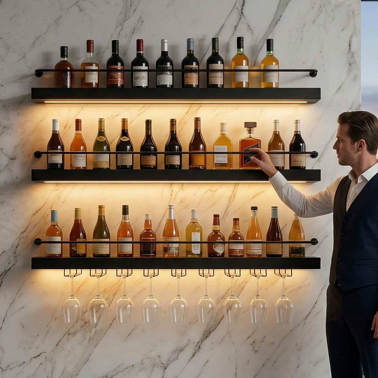 Botellero pared con luces LED 3 niveles estante metal