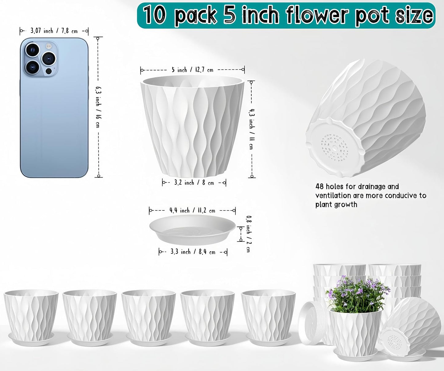 10 Macetas Plástico Blanco 5pulg Drenaje Platillos Apilables