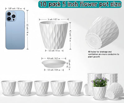10 Macetas Plástico Blanco 5pulg Drenaje Platillos Apilables