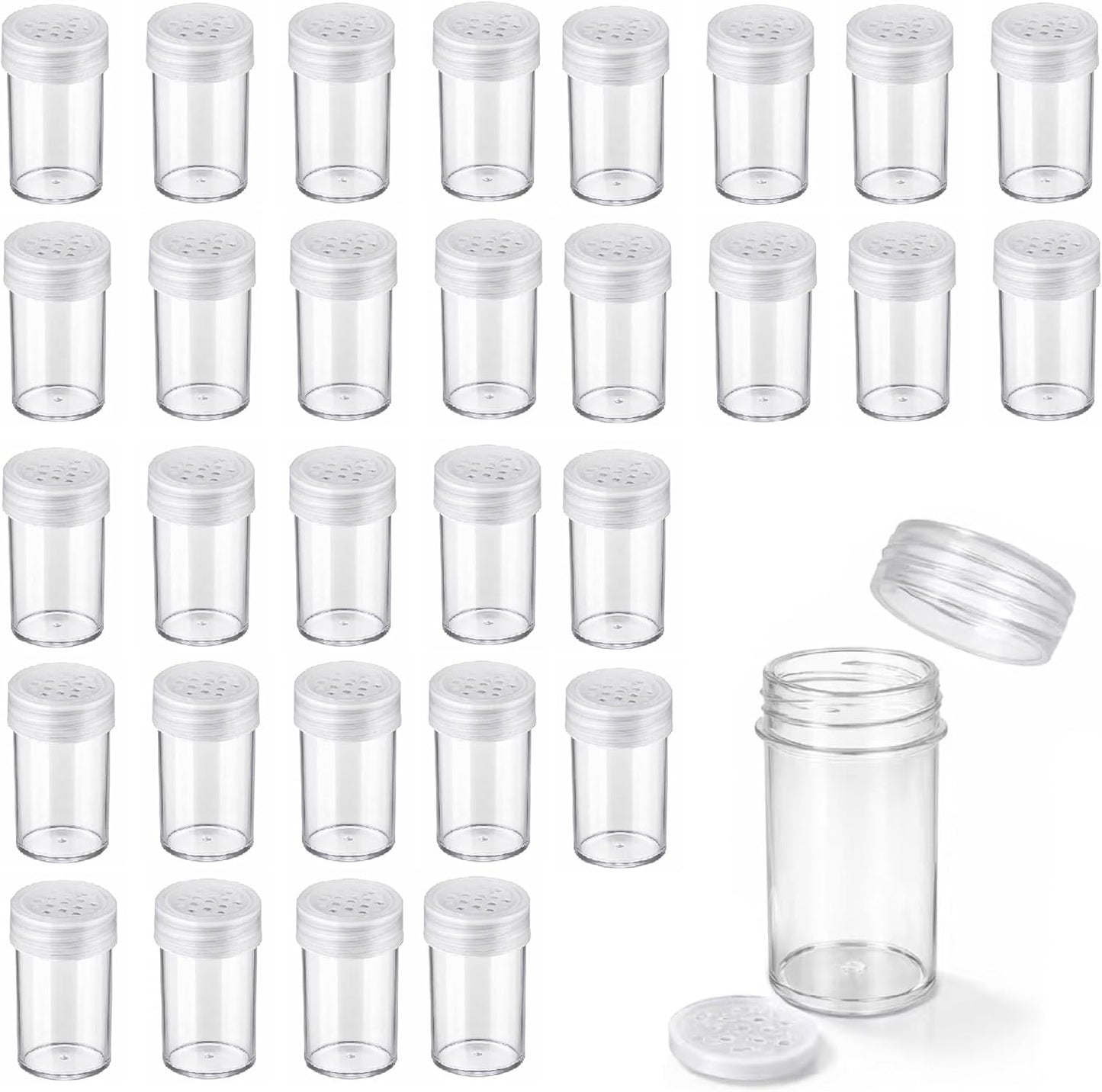 Paquete de 30 mini tarros de especias de plástico de 1 oz con tamices