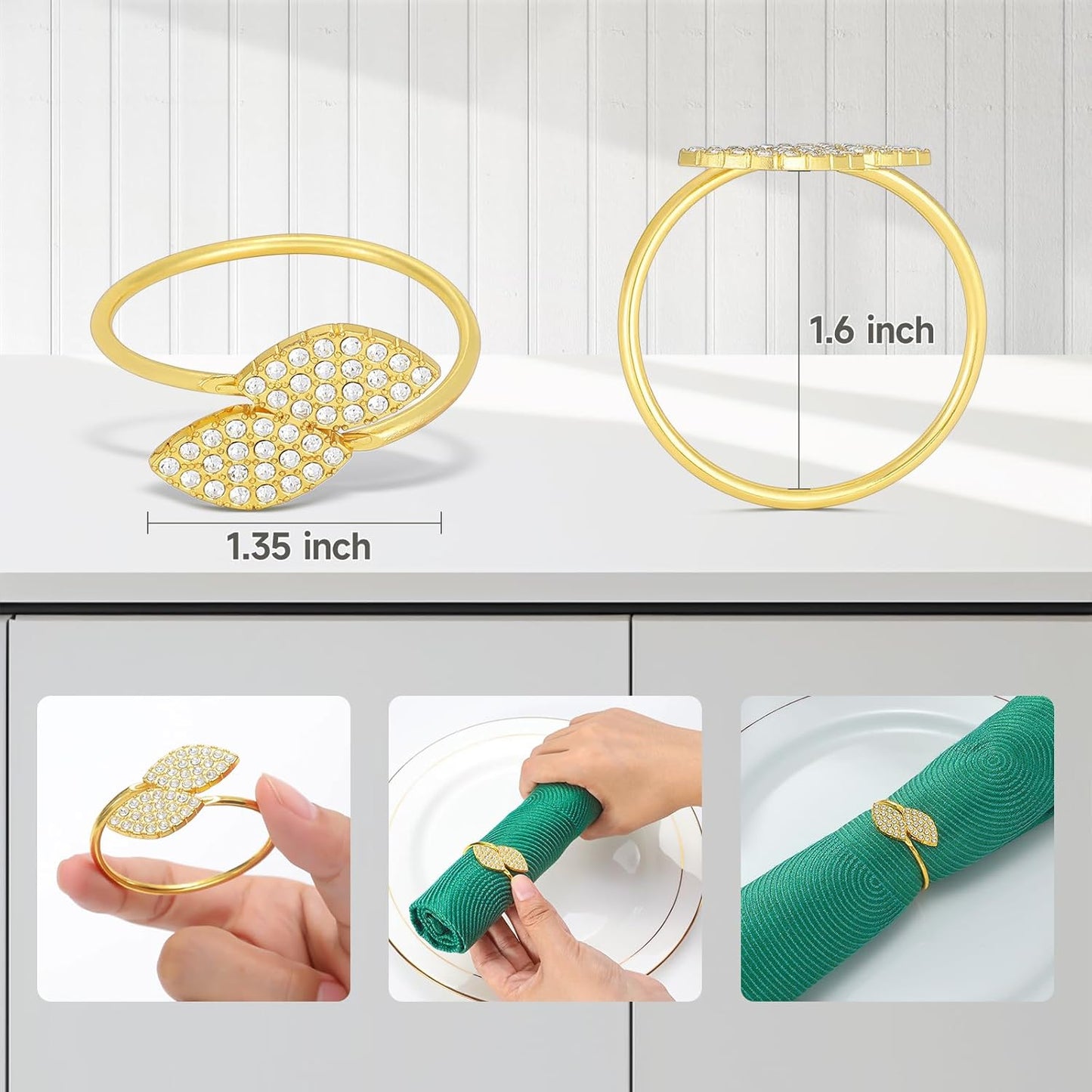 Juego de 20 servilleteros de hoja de diamante dorado para mesa y fiestas