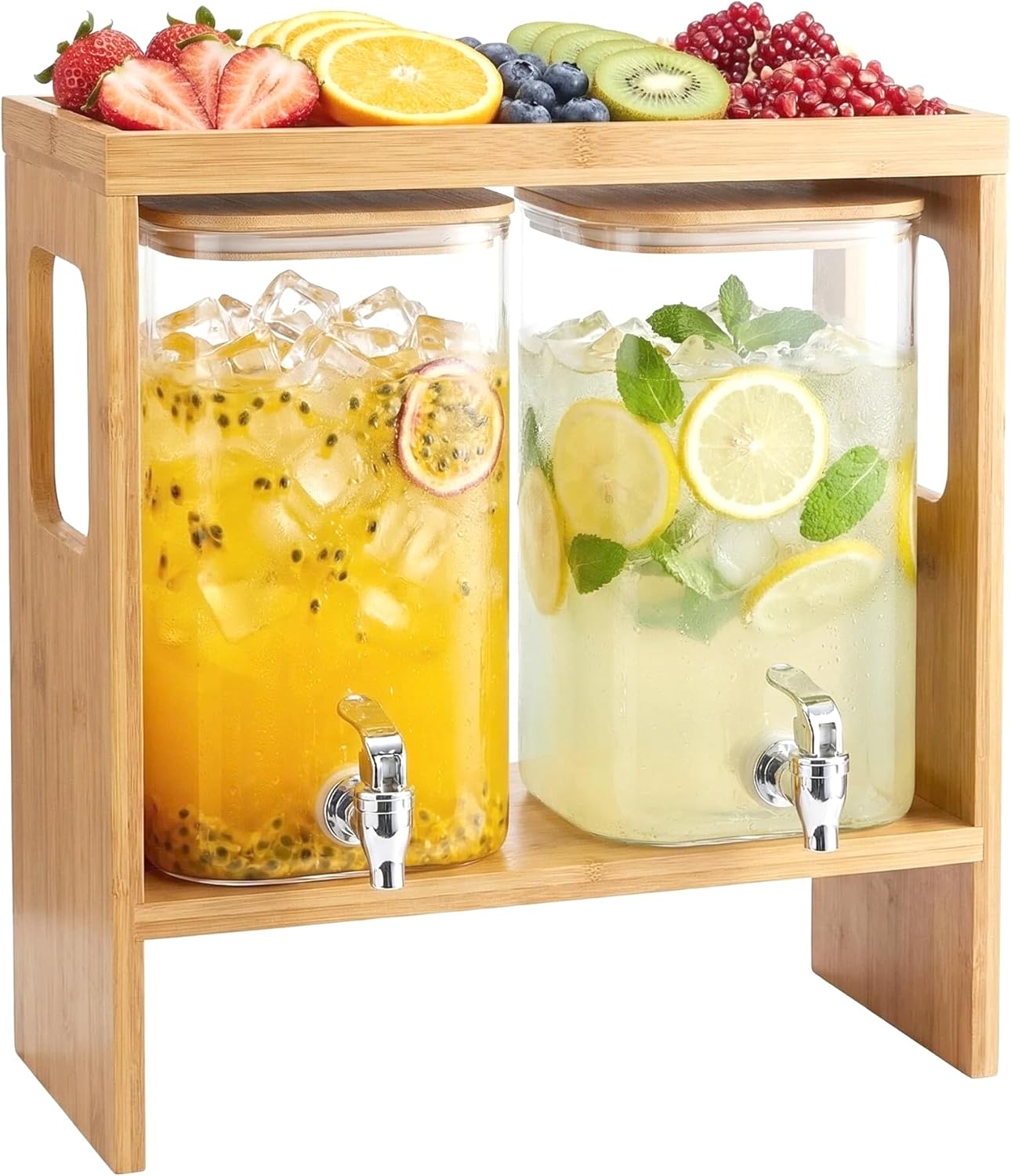 2 Dispensadores Bebida Vidrio Soporte Madera Plato Desmontable