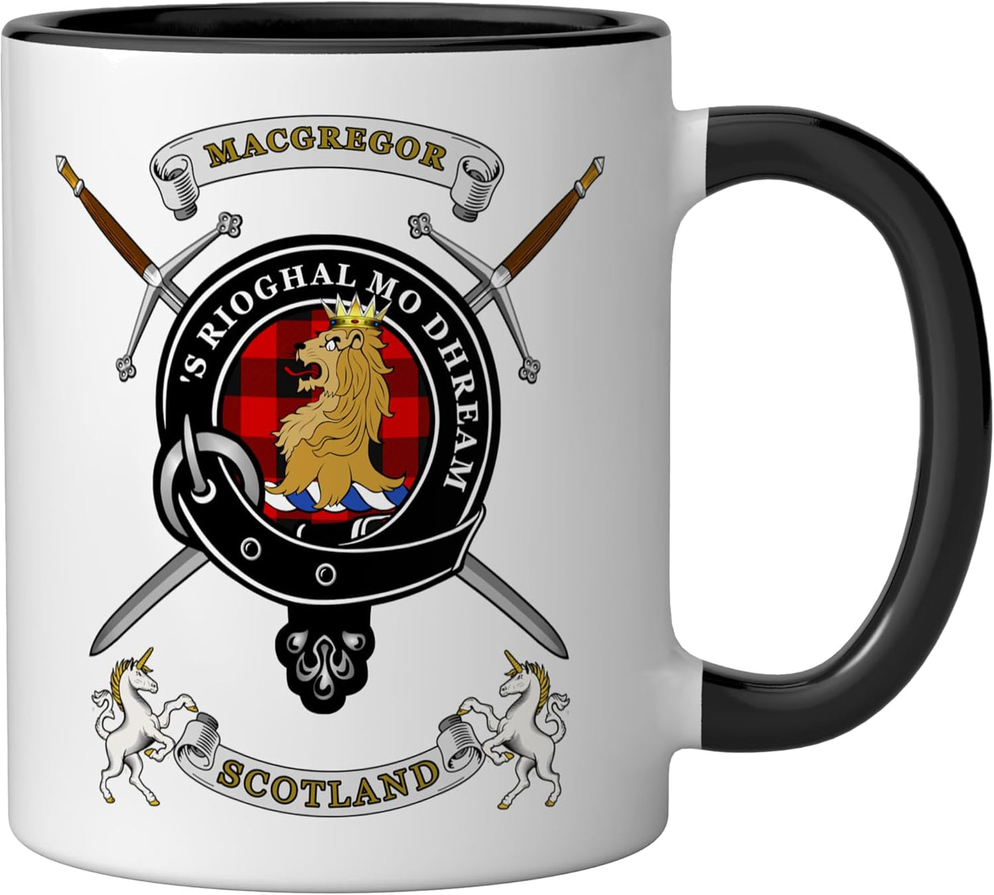 Taza cerámica MacGregor Clan Badge Rob Roy Tartan y espadas negra/blanca