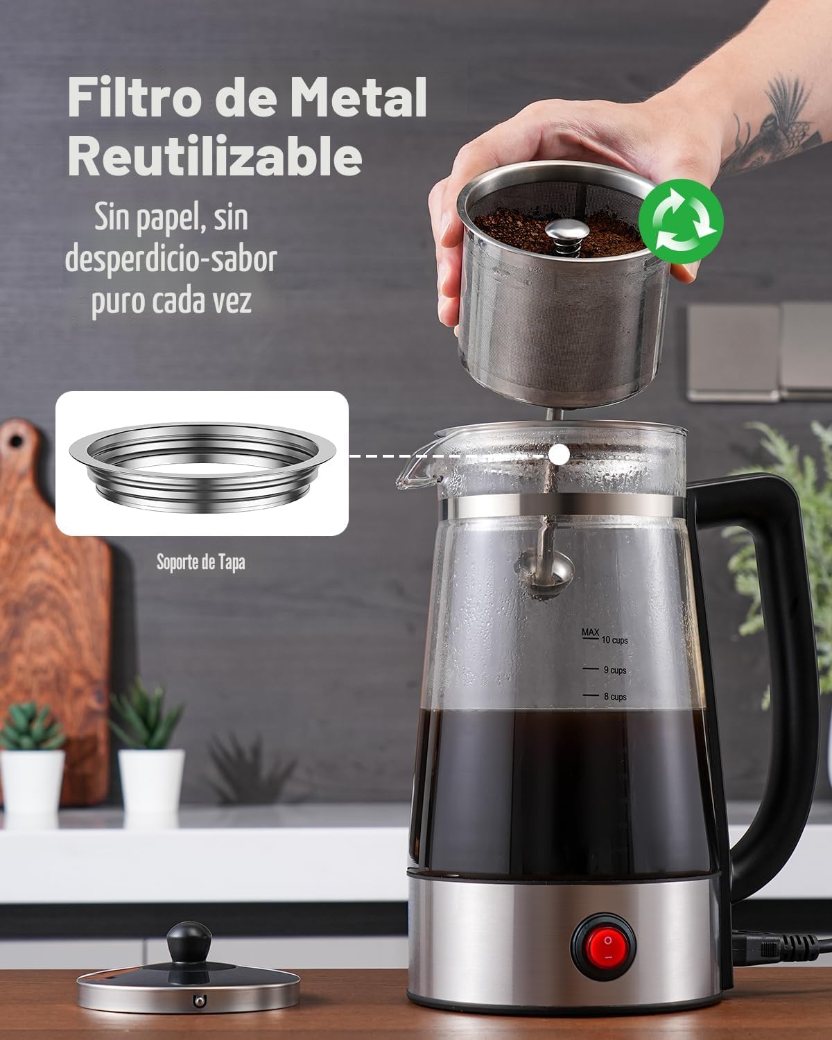 Cafetera eléctrica percoladora 10 tazas acero inox vidrio
