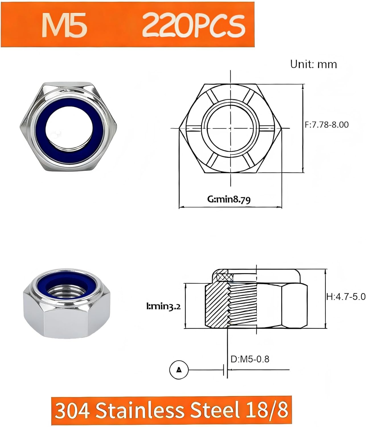 Tuercas Nylock M5 304 Acero Inox 220 Pzas