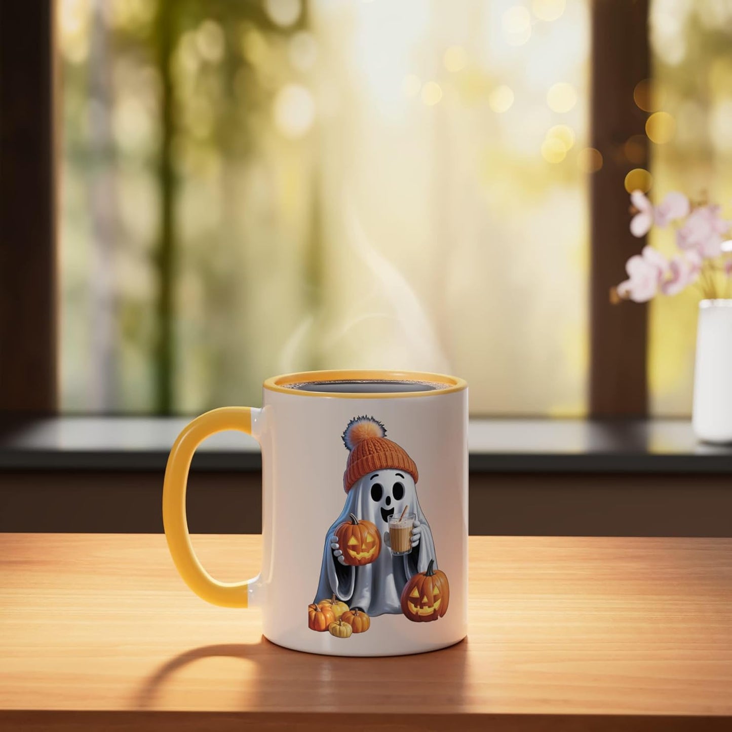 Taza Cerámica Halloween Fantasma O'Lantern Amarillo/Blanco