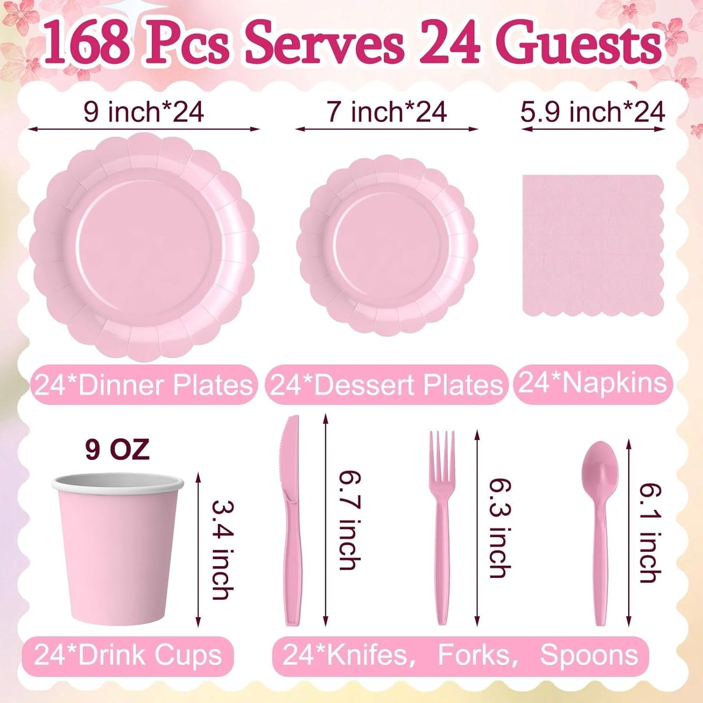 Juego de 168 platos y servilletas rosa incluye platos festoneados 9" y postre 7", servilletas tazas cubiertos para cumpleaños boda picnic