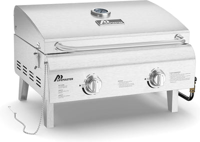 Parrilla gas acero inox 2 quemadores plegable tapa viento