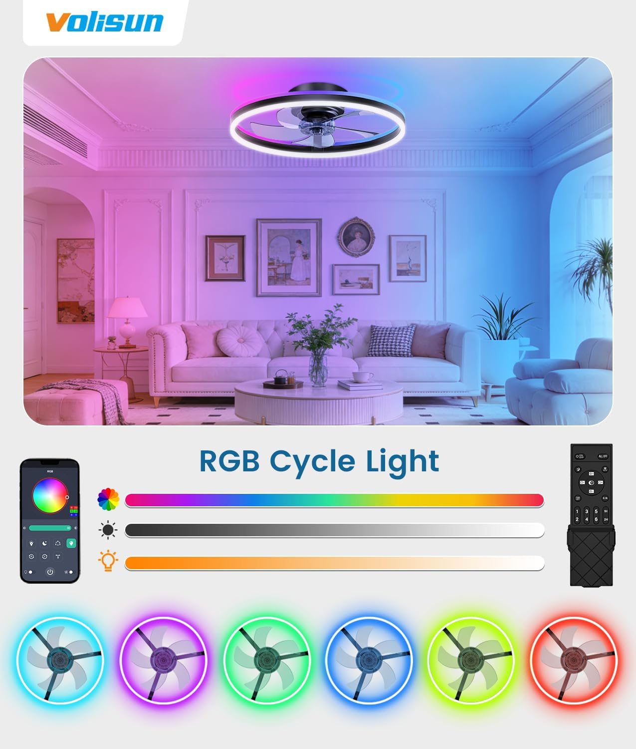 Ventilador techo RGB 20pulg LED regulable 3000-6500K sin aspas
