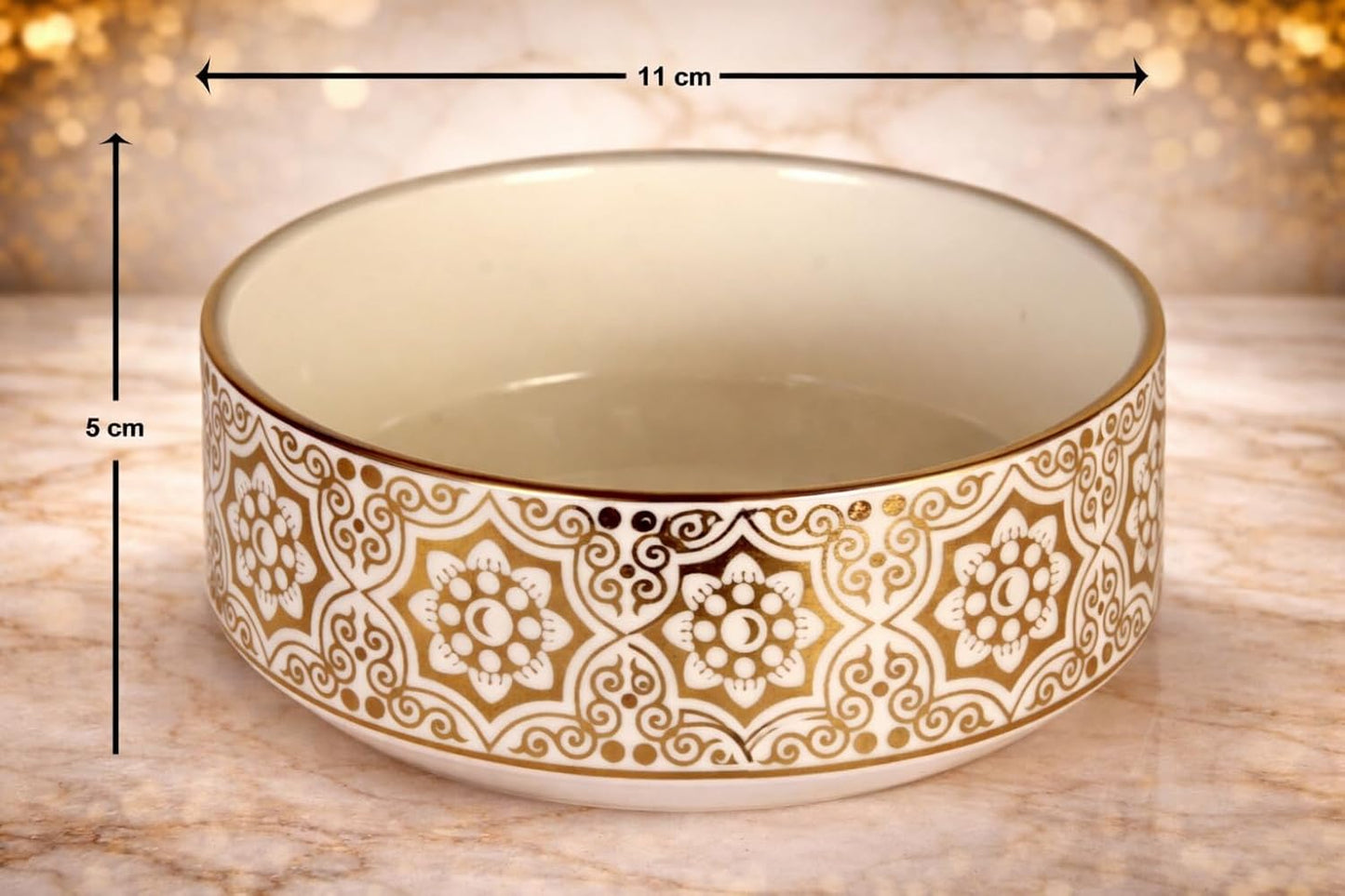 Juego de 6 cuencos de sopa de porcelana con cuchara dorada