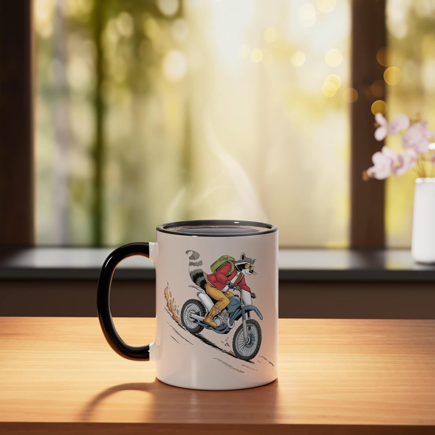 Taza cerámica para motociclista dirt biking Raccoon negro/blanco