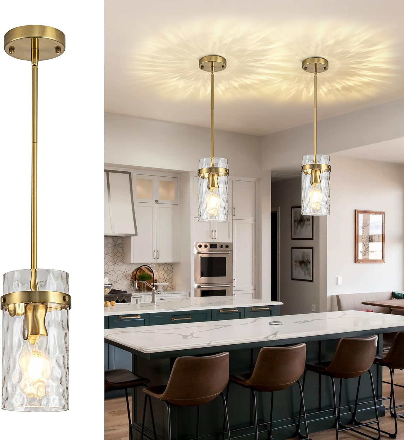 2 Luces Colgantes Vidrio Martillado Isla Cocina Oro