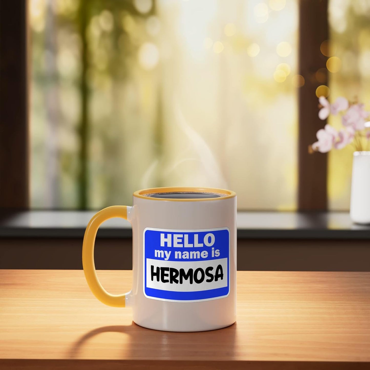 Taza cerámica para presentación Funny Hi Hello Mi nombre es Hermosa Amarillo/Blanco